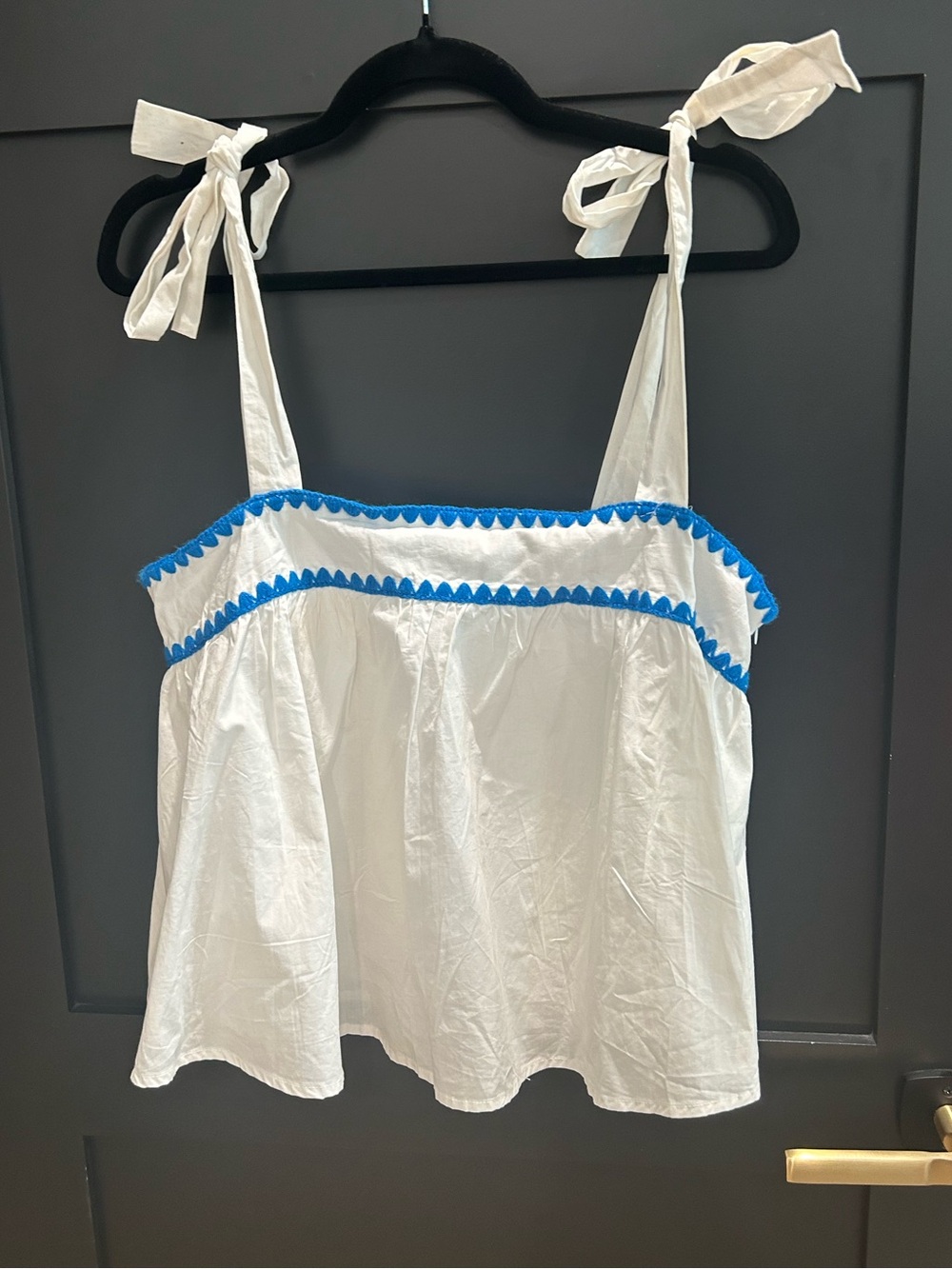 White Tie-Shoulder Camisole with Blue Scallop Trim
